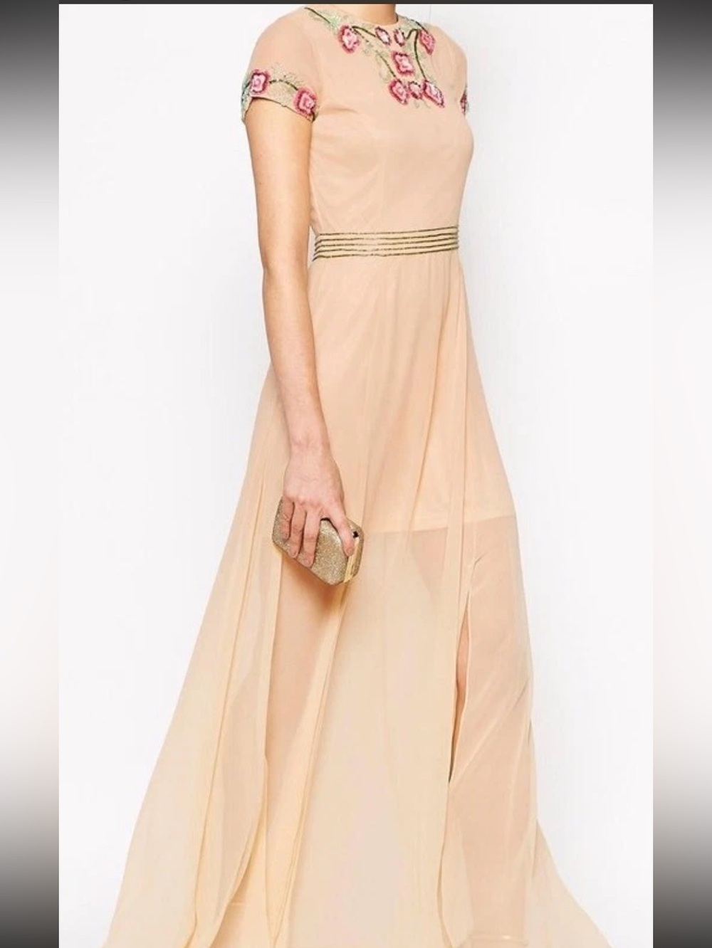 Frock And Frill Sheer Nude Maxi Dress Beaded Floral Embellishments Size 6 UK 10